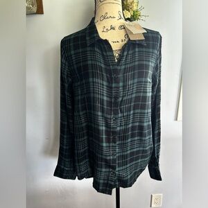 Thread and supply button down blouse plaid metallic thread detailing lightweight